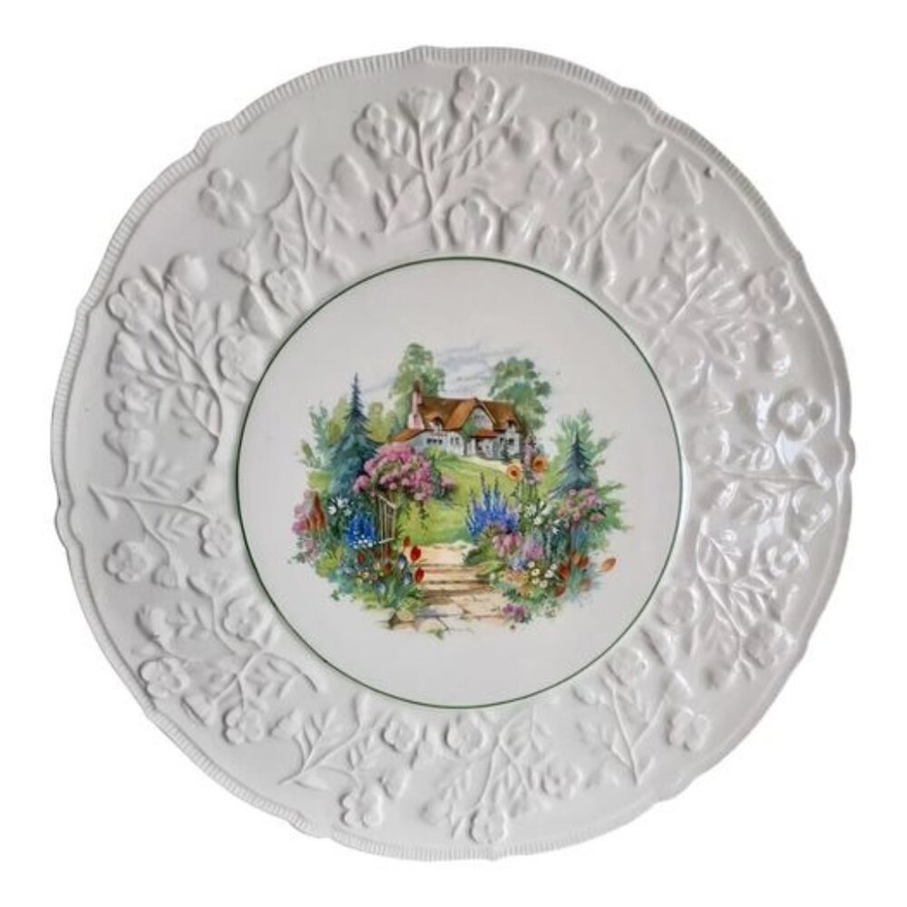 Embossed Cake Plate with Cottage Scene - Made in Czechoslovakia